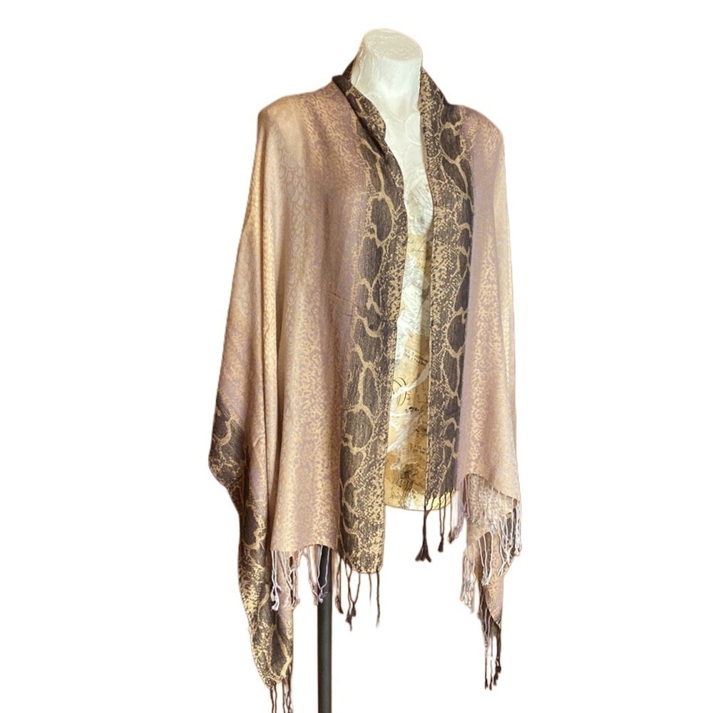 Poshima fringe wrap shawl Scarf exotic snake animal print brown tan gray 28”x75”